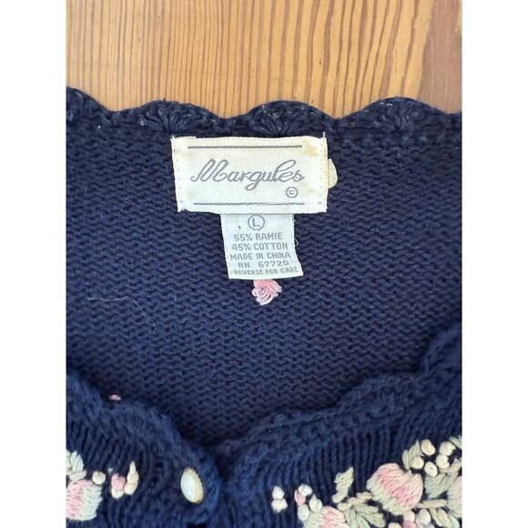 Vintage Margules Knit Sweater Cardigan FloralEmbroidered Navy Button Down L - Picture 4 of 7